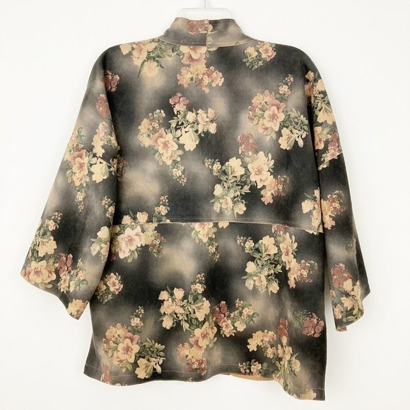 Solitaire Brown Faux Suede Floral Open Front Jacket Size M Duster Kimono - Picture 2 of 9